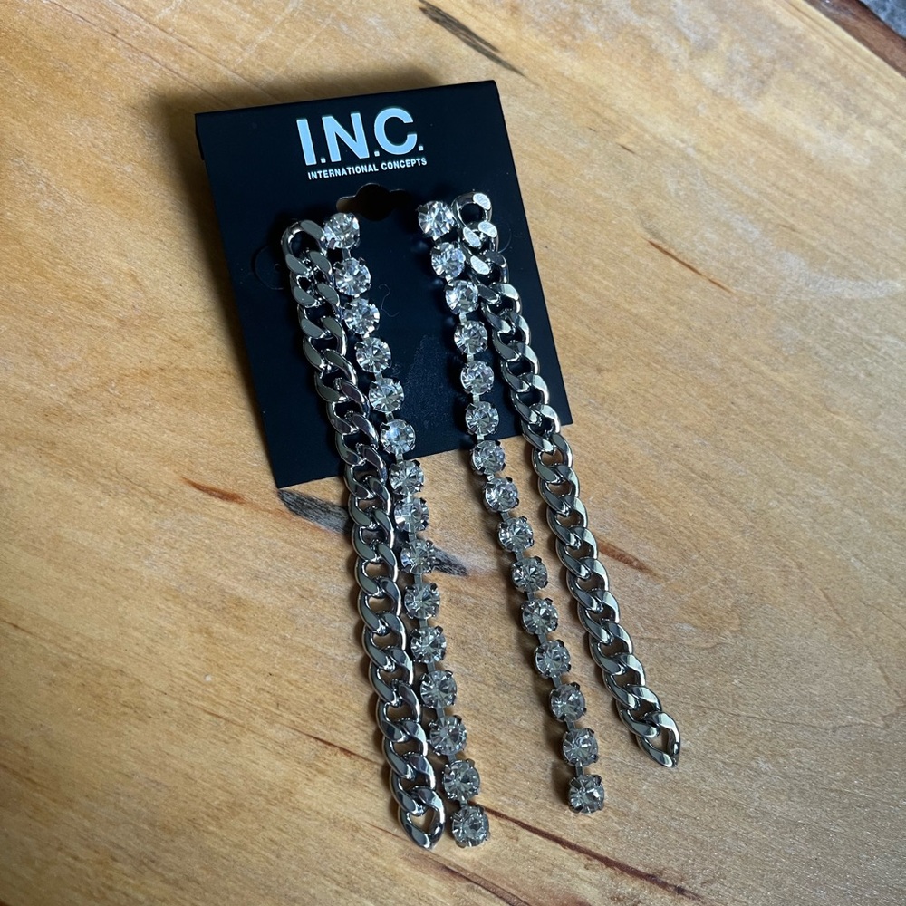 INC International Concepts Silver and Crystal Chain Earrings